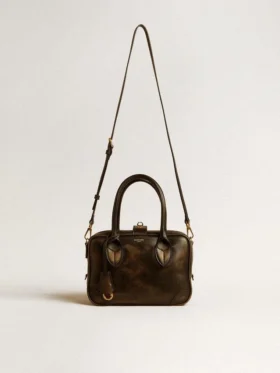Borsa Vita in pelle nera invecchiata con dettagli dorati