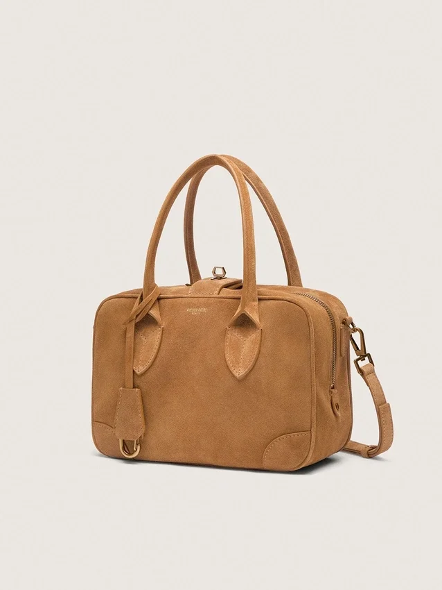 Borsa Vita in pelle scamosciata color cammello con dettagli dorati