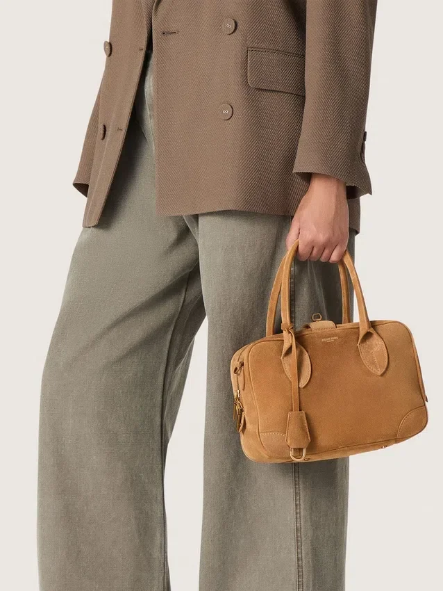 Borsa Vita in pelle scamosciata color cammello con dettagli dorati