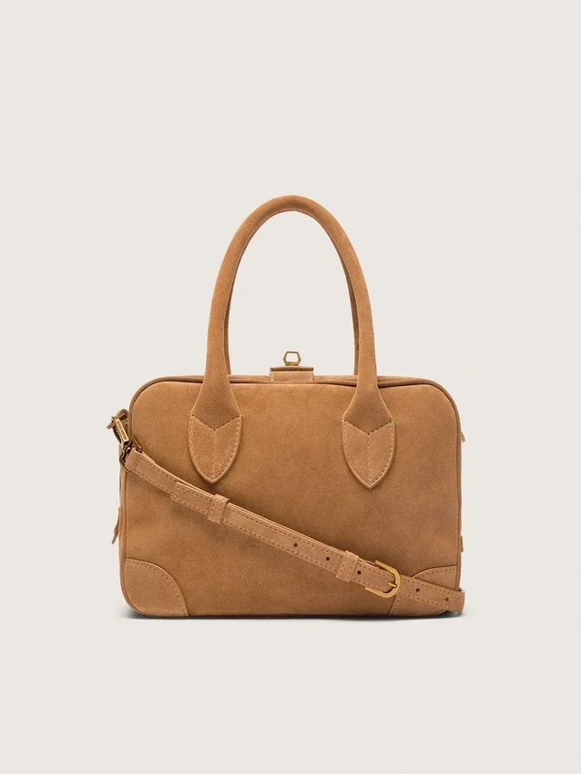Borsa Vita in pelle scamosciata color cammello con dettagli dorati
