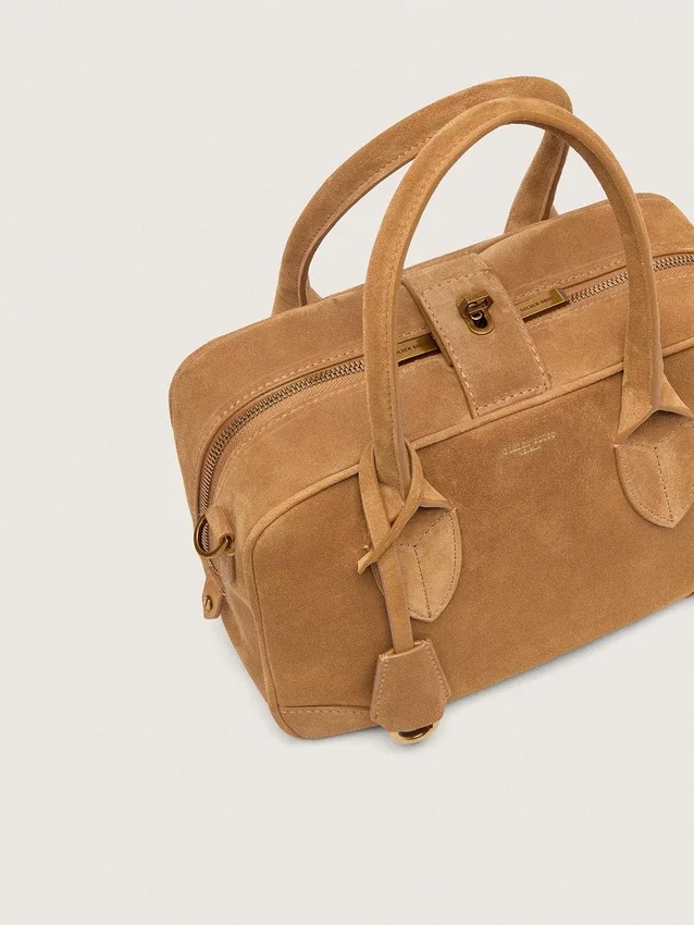 Borsa Vita in pelle scamosciata color cammello con dettagli dorati