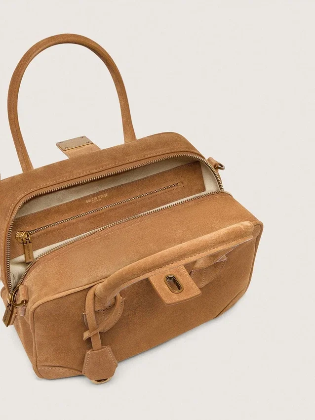 Borsa Vita in pelle scamosciata color cammello con dettagli dorati