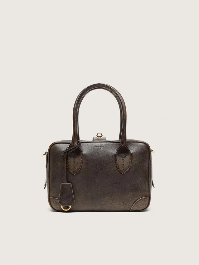 Borsa Vita in pelle vintage marrone con dettagli dorati