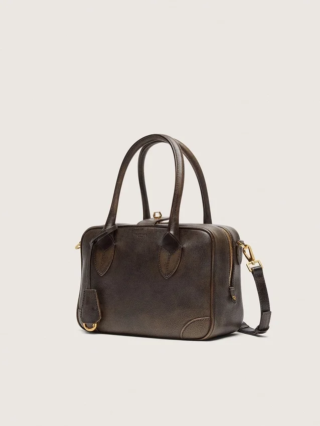 Borsa Vita in pelle vintage marrone con dettagli dorati