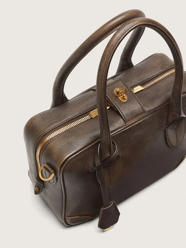 Borsa Vita in pelle vintage marrone con dettagli dorati