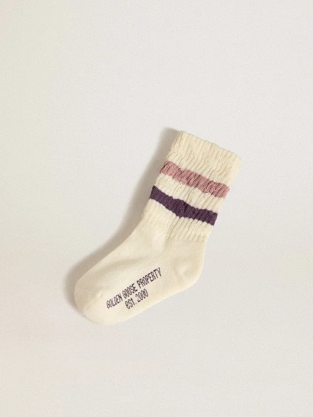 Calzini bianchi da bambino con strisce rosa e viola