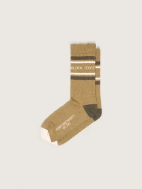 Calzini color kaki con dettagli consumati e strisce verde scuro e bianche