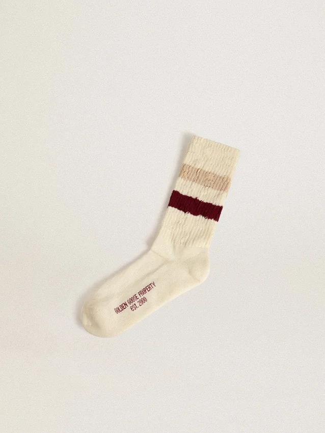 Calzini effetto consumato con dettagli invecchiati e strisce beige e bordeaux