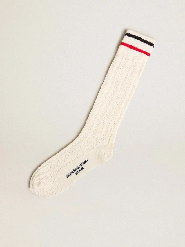 Calzini lunghi a coste in bianco vintage con strisce bicolori