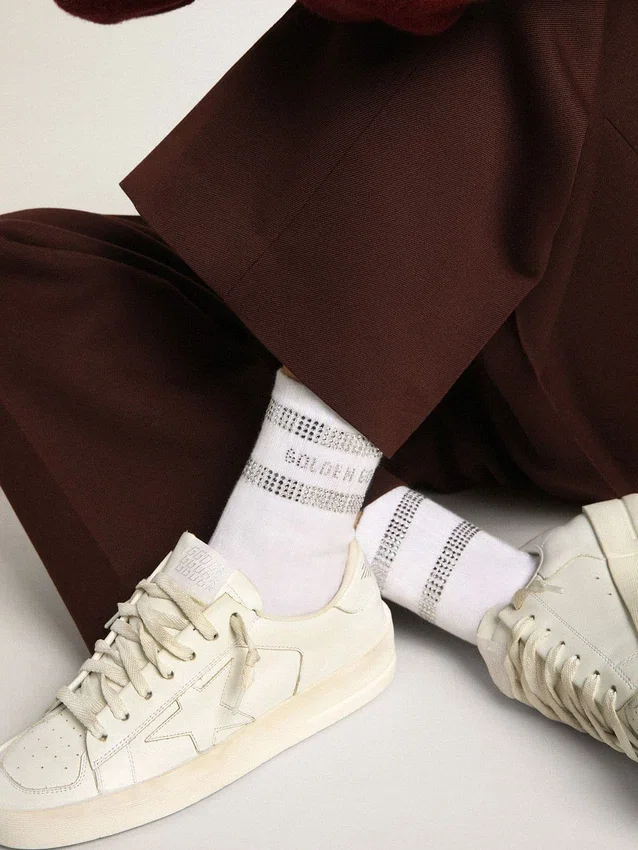 Calzini unisex in cotone bianco con cristalli decorativi