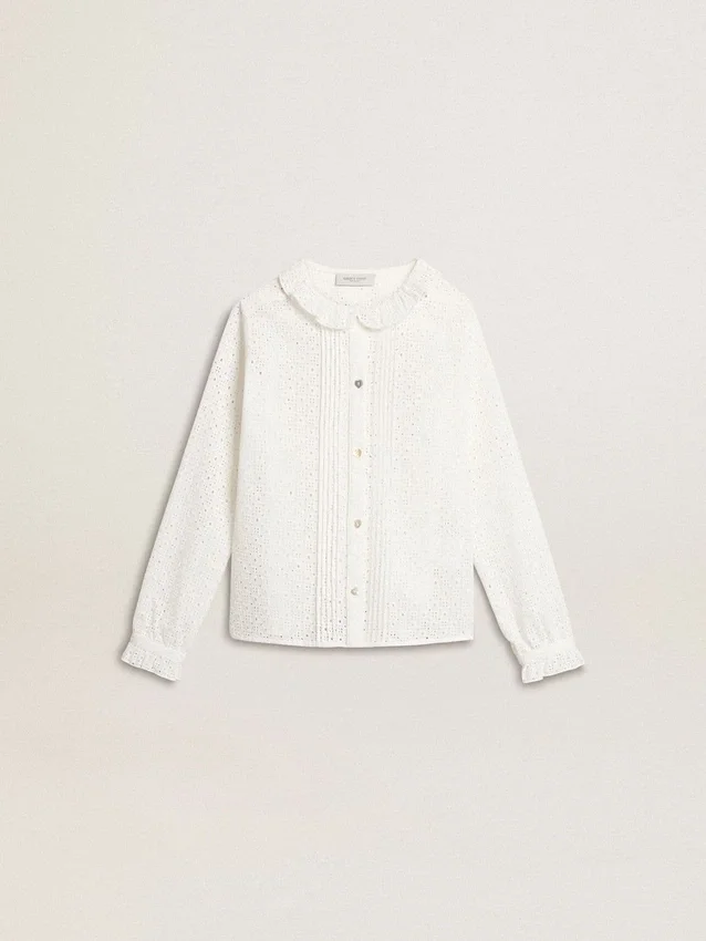 Camicia bianca da bambina in cotone con ricamo inglese