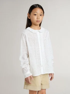 Camicia bianca da bambina in cotone con ricamo inglese