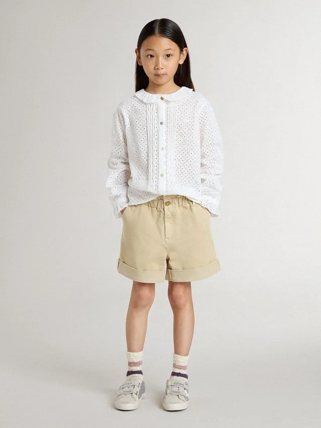 Camicia bianca da bambina in cotone con ricamo inglese