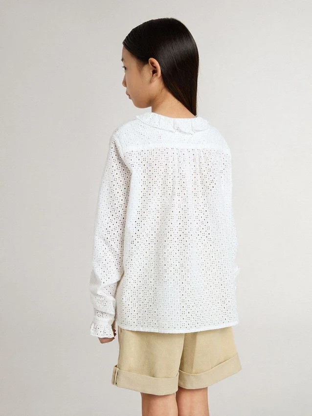 Camicia bianca da bambina in cotone con ricamo inglese