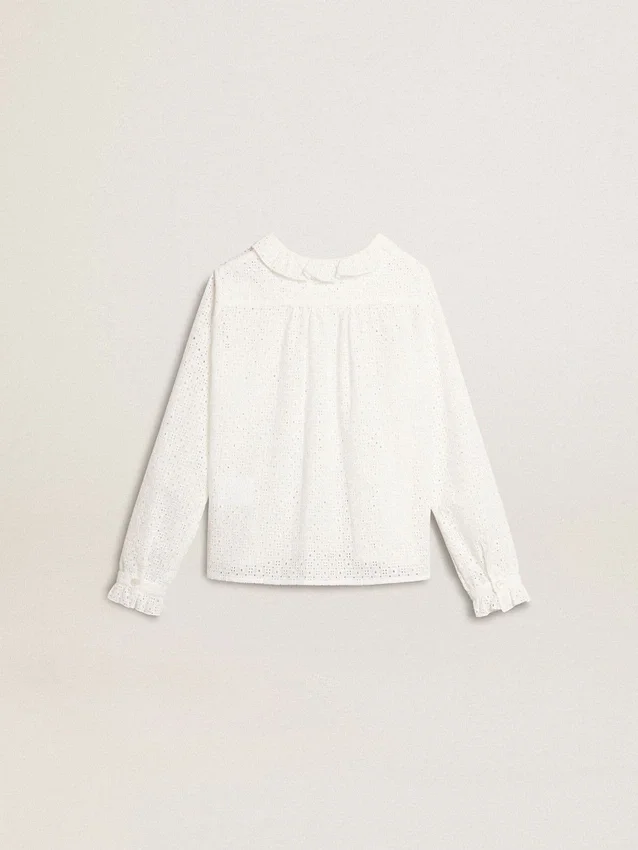 Camicia bianca da bambina in cotone con ricamo inglese