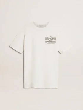 Camicia bianca da donna con stampa nera sul petto