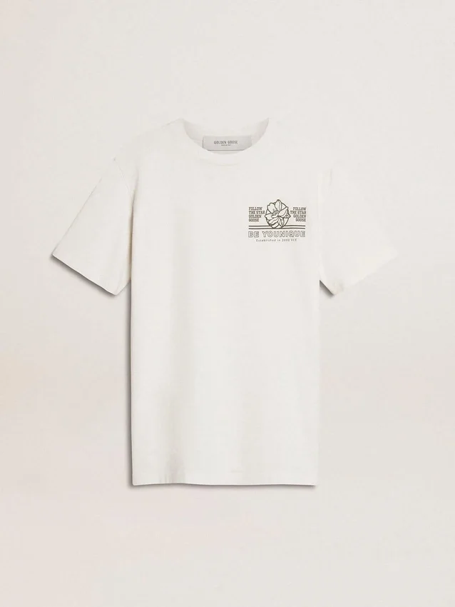 Camicia bianca da donna con stampa nera sul petto