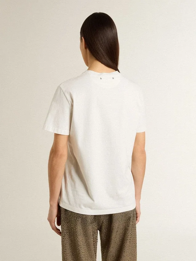 Camicia bianca da donna con stampa nera sul petto