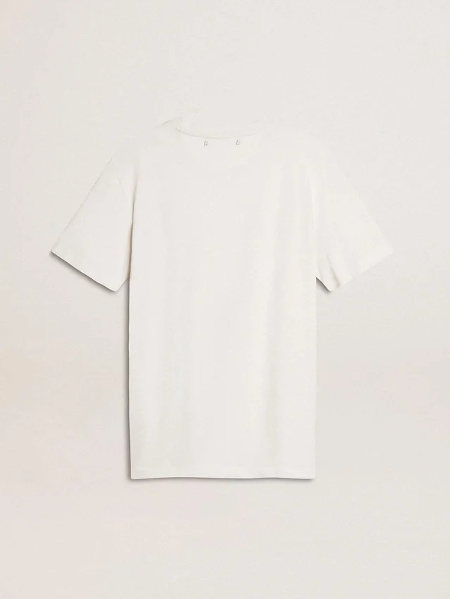 Camicia bianca da donna con stampa nera sul petto