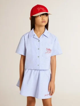 Camicia corta da bambina in cotone a righe azzurro chiaro