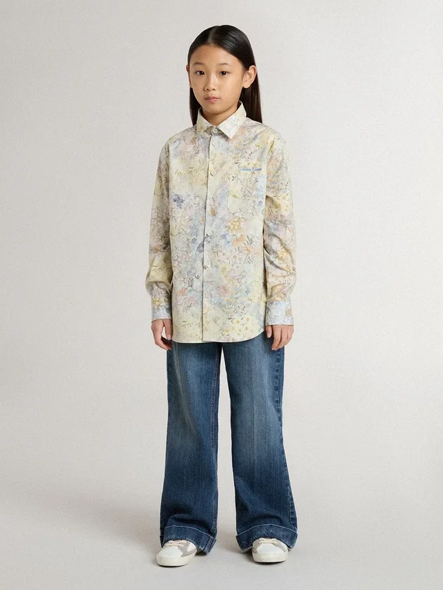 Camicia da bambina in cotone con stampa floreale multicolore