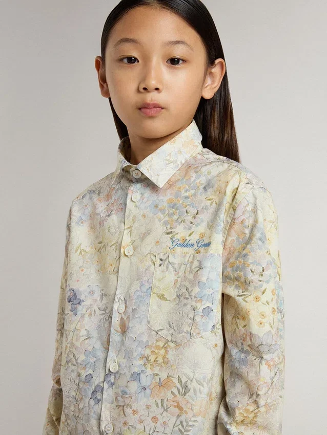 Camicia da bambina in cotone con stampa floreale multicolore