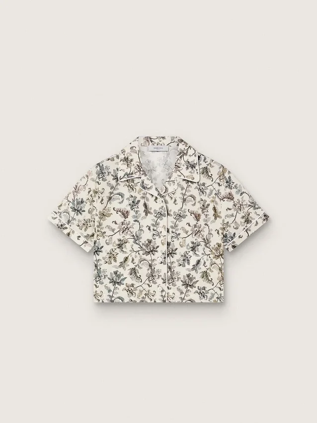Camicia da bambina Journey a maniche corte in tela di cotone bianca con stampa floreale verde