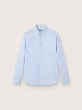 Camicia da bambino in cotone a righe azzurre e bianche con logo ricamato