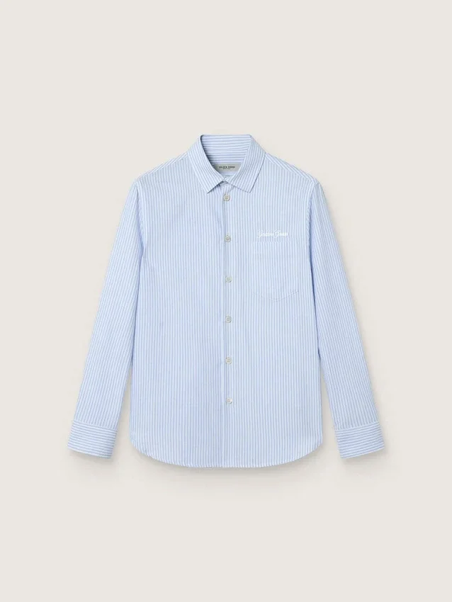 Camicia da bambino in cotone a righe azzurre e bianche con logo ricamato