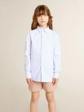 Camicia da bambino in cotone a righe azzurre e bianche con logo ricamato