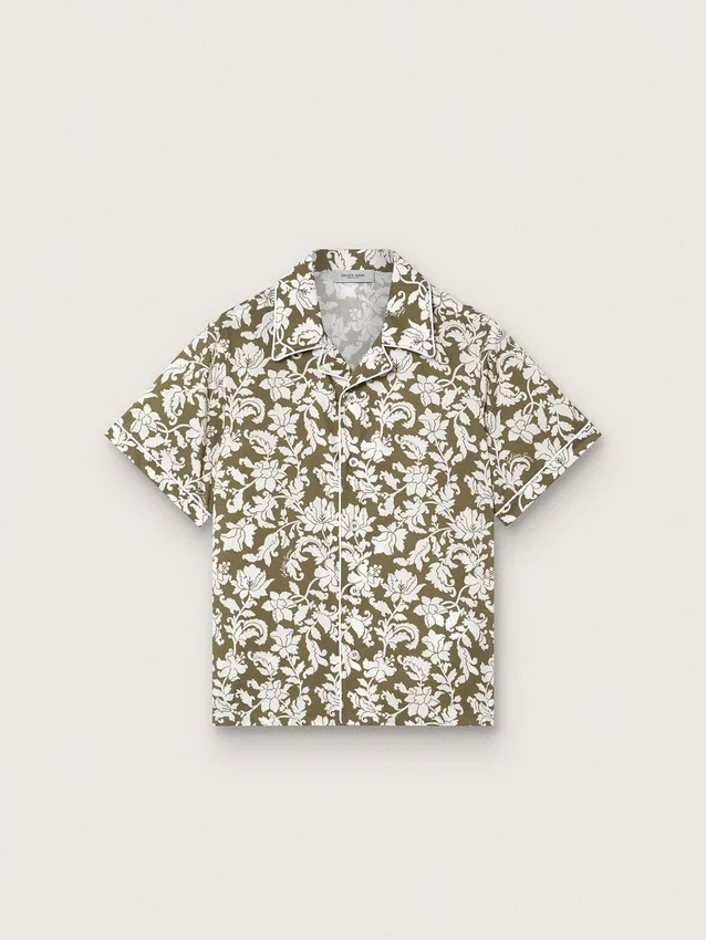 Camicia da bambino Journey in tela di cotone con stampa floreale verde e bianca