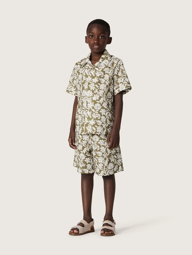 Camicia da bambino Journey in tela di cotone con stampa floreale verde e bianca