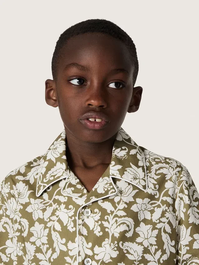 Camicia da bambino Journey in tela di cotone con stampa floreale verde e bianca