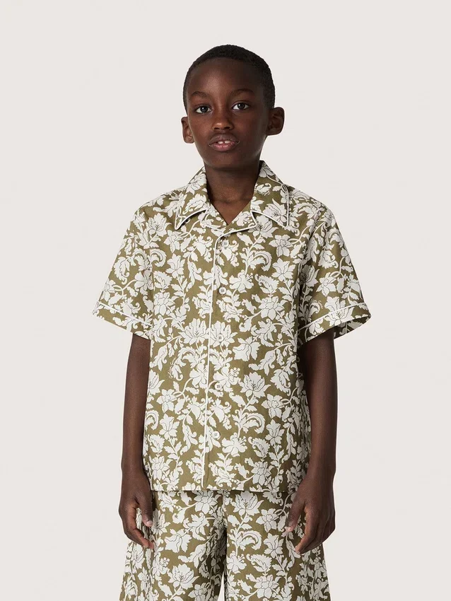 Camicia da bambino Journey in tela di cotone con stampa floreale verde e bianca