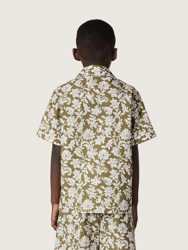 Camicia da bambino Journey in tela di cotone con stampa floreale verde e bianca