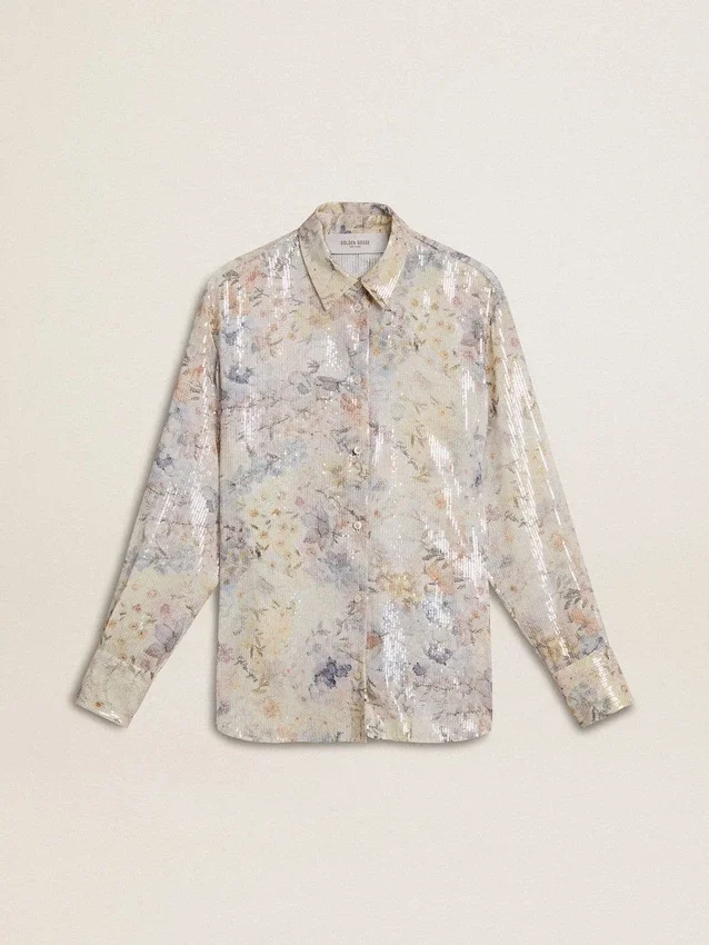 Camicia da donna con stampa floreale multicolore in paillettes