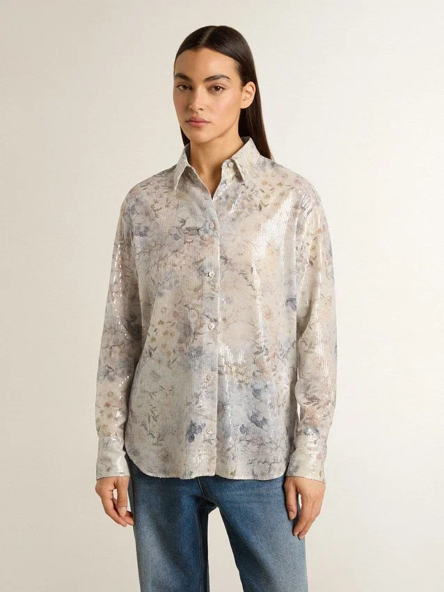 Camicia da donna con stampa floreale multicolore in paillettes