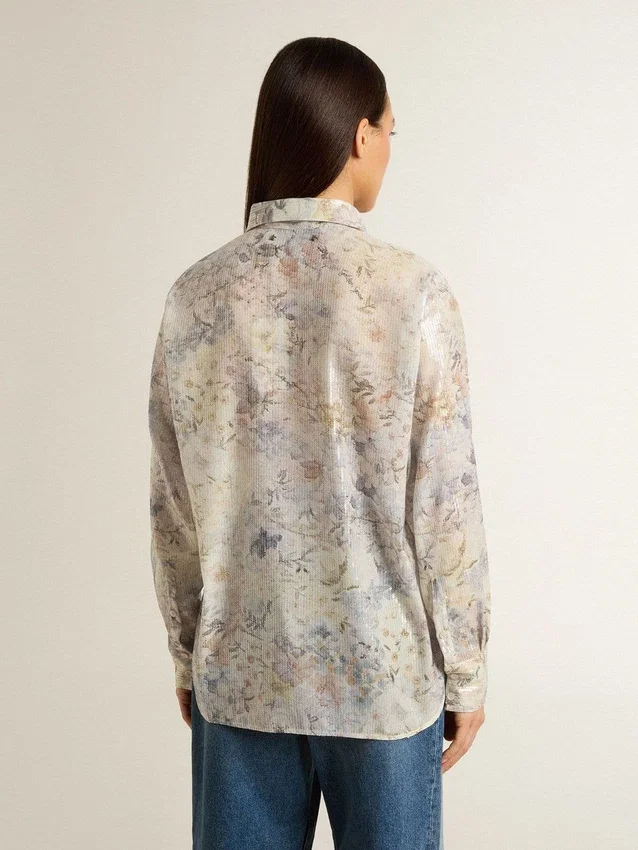 Camicia da donna con stampa floreale multicolore in paillettes