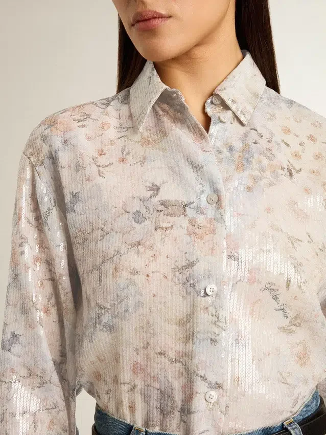 Camicia da donna con stampa floreale multicolore in paillettes