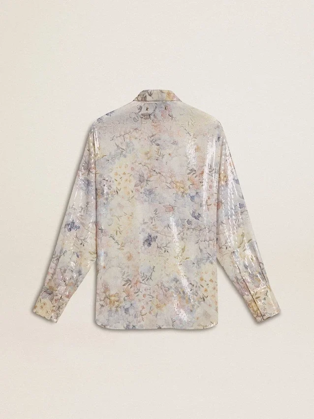 Camicia da donna con stampa floreale multicolore in paillettes