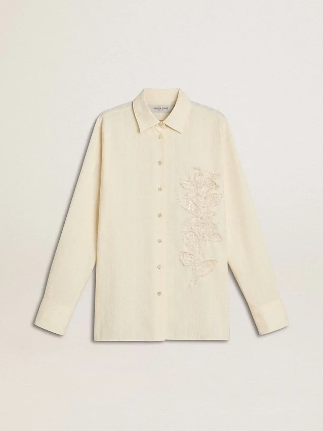 Camicia da donna in cotone color crema con ricami floreali