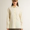 Camicia da donna in cotone color crema con ricami floreali