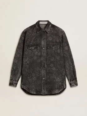 Camicia da donna in denim nero con motivo floreale tono su tono
