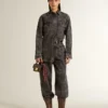 Camicia da donna in denim nero con motivo floreale tono su tono