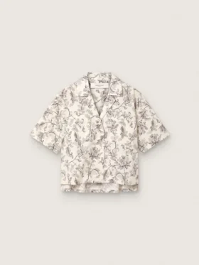 Camicia da donna squadrata in cotone con stampa floreale in bianco e nero