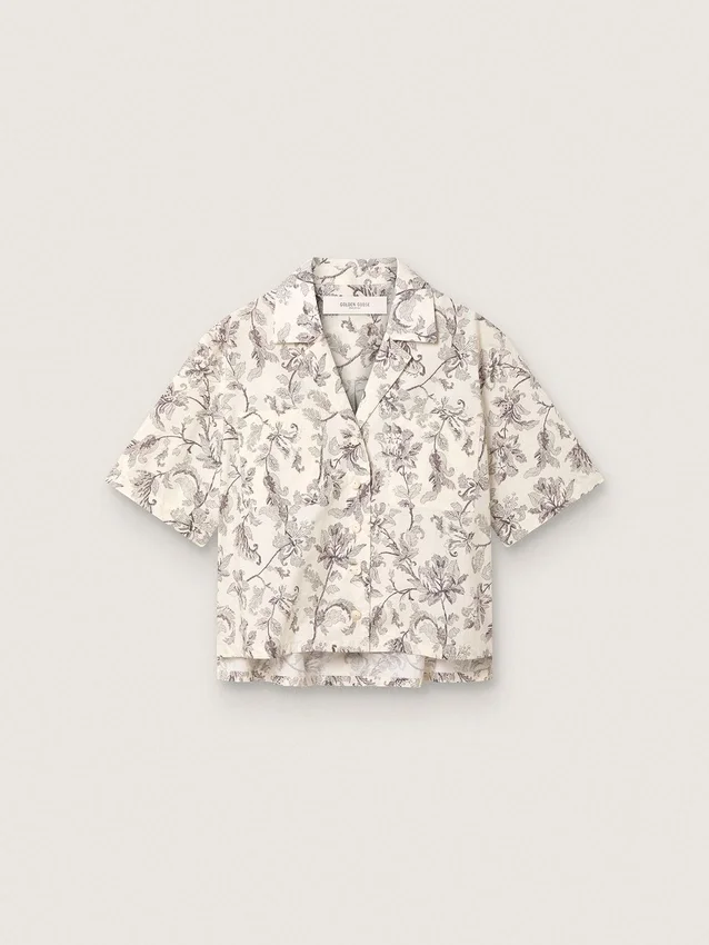 Camicia da donna squadrata in cotone con stampa floreale in bianco e nero