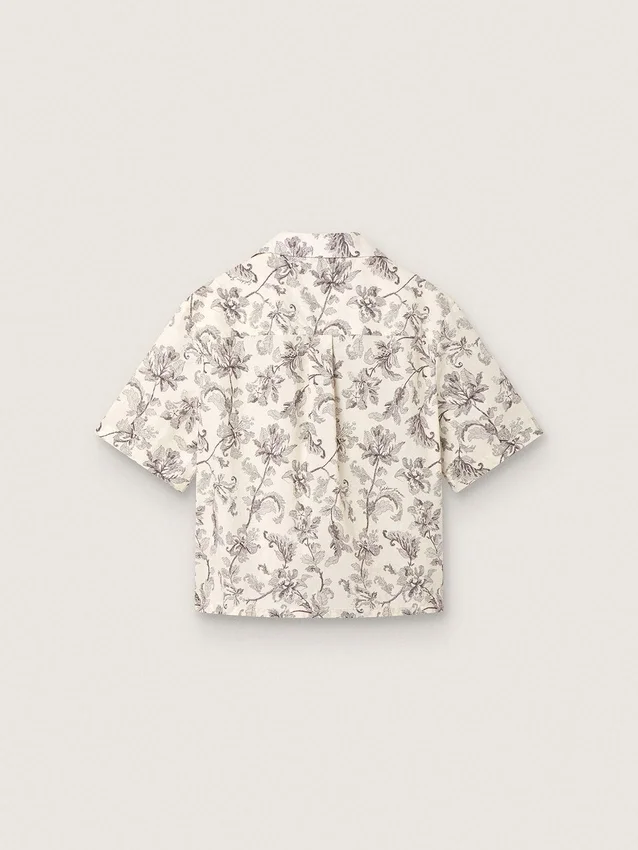 Camicia da donna squadrata in cotone con stampa floreale in bianco e nero