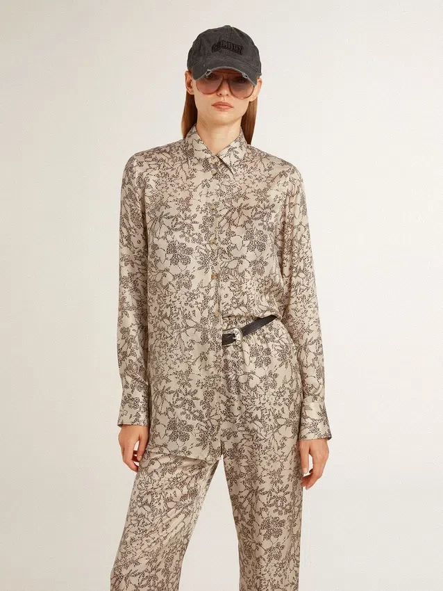 Camicia da pigiama da donna in misto seta con stampa floreale