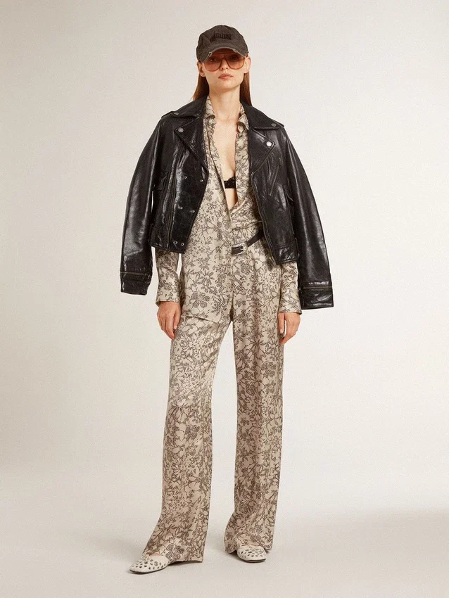 Camicia da pigiama da donna in misto seta con stampa floreale