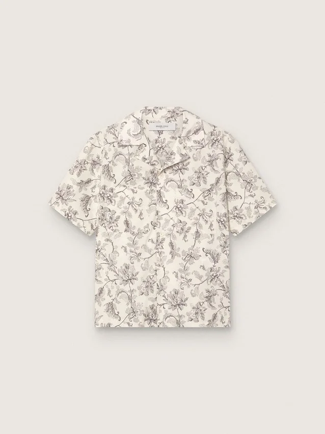 Camicia da uomo a maniche corte in cotone con stampa floreale in bianco e nero